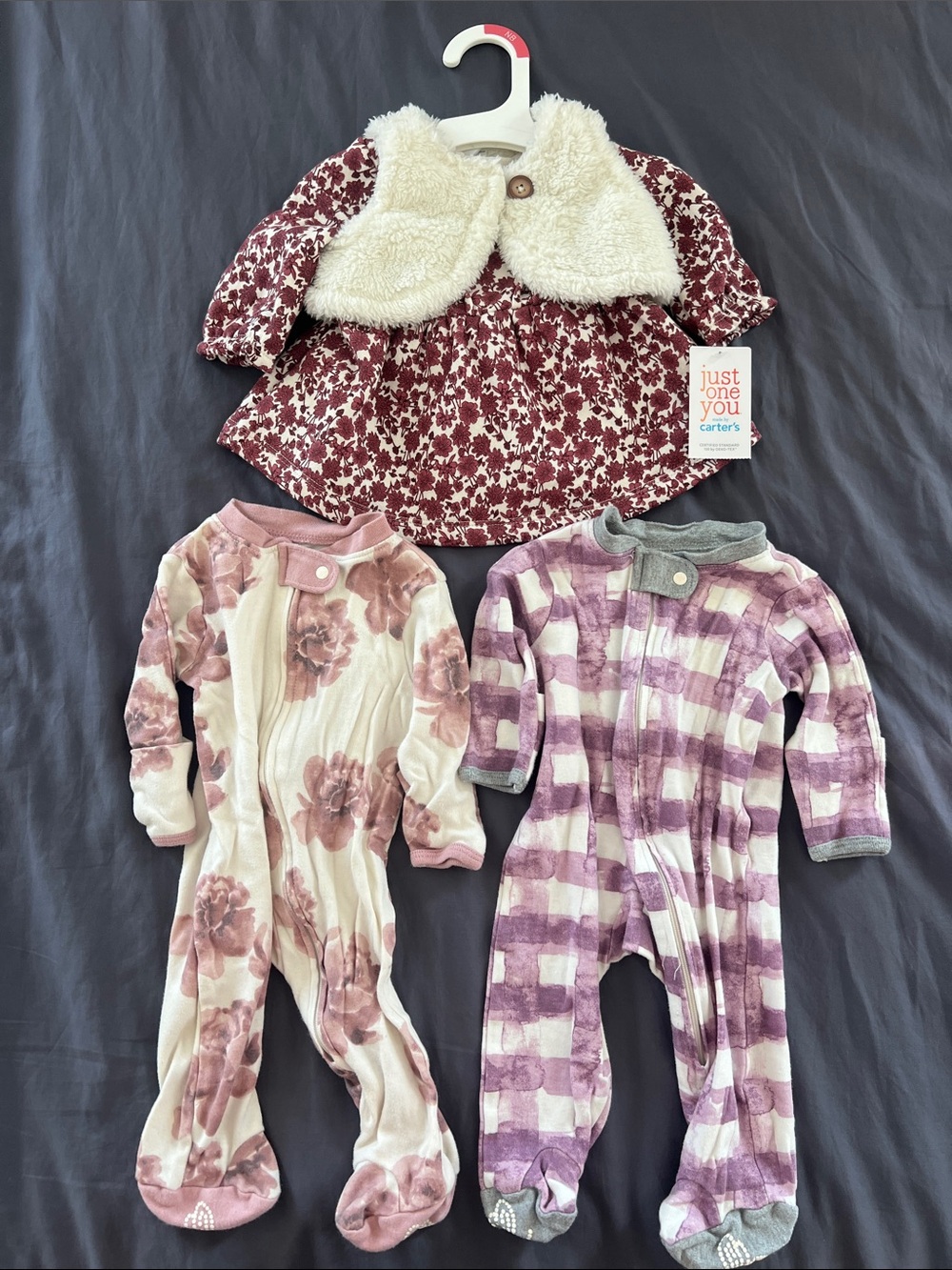 Burt's Bees floral and stripe footies and Carter’s winter floral dress
